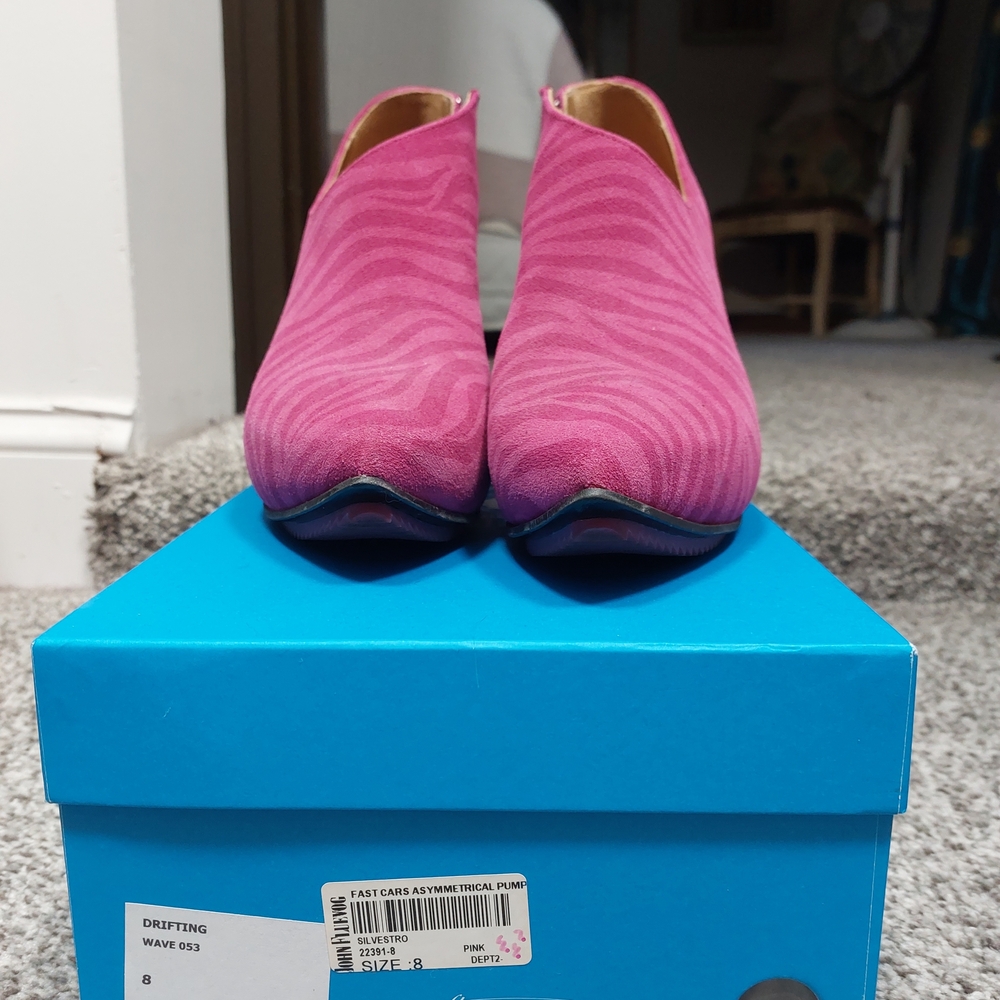 John Fluevog Drifting Pink Suede Asymmetrical Ankle Boots